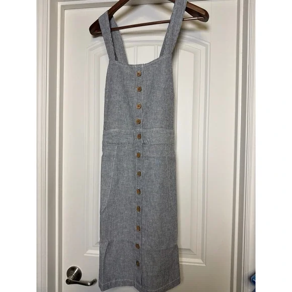 Sustainable Hemp Tencel Dress Fair Trade Coastal Stripe Button Front Pockets L - Picture 3 of 11